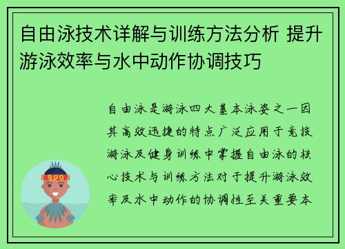 自由泳技术详解与训练方法分析 提升游泳效率与水中动作协调技巧